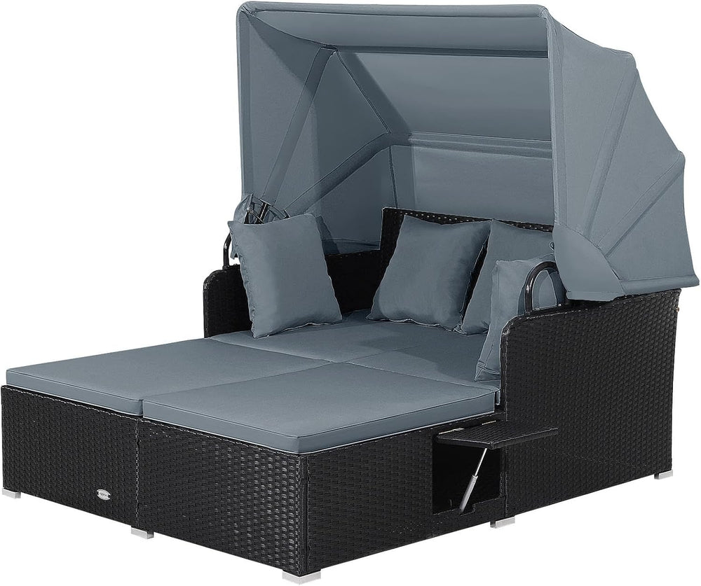 Moccha Outdoor Daybed with Retractable Canopy, Wicker Cabana with 2 Side Tabl...