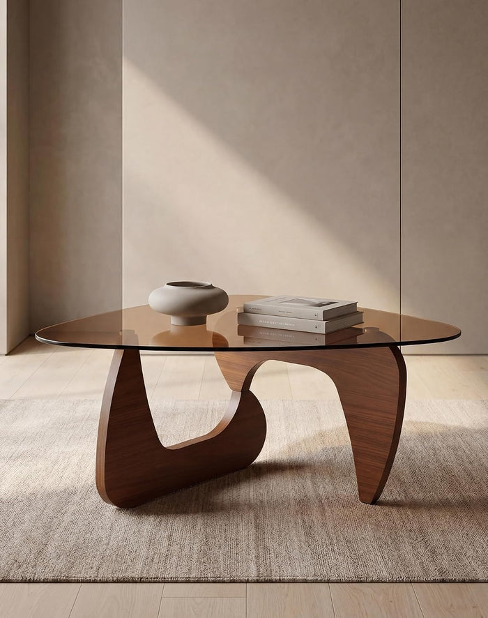 Smoked Glass Coffee Table for Living Room, 35.82" Small Triangle Coffee Table with MDF Wood Base, Mid Century Modern Center Table for Apartment, Sofa, Small Space, Walnut Brown