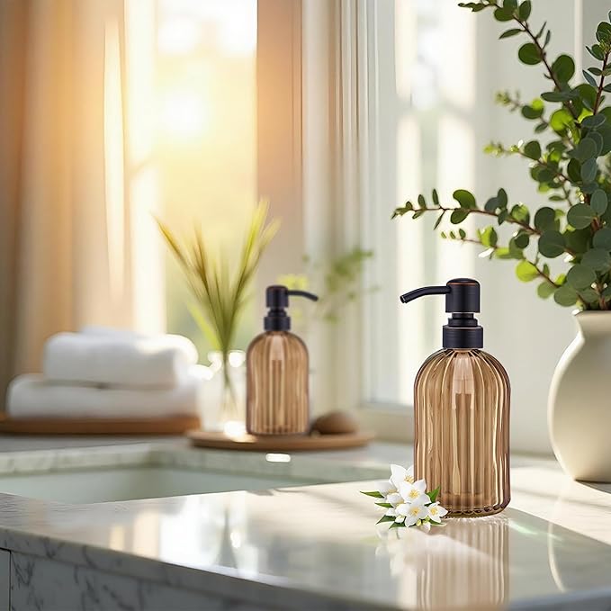 16 OZ Amber Glass Soap Dispenser, Amber Stripe Bathroom Hand Soap Dispensers - Image 4