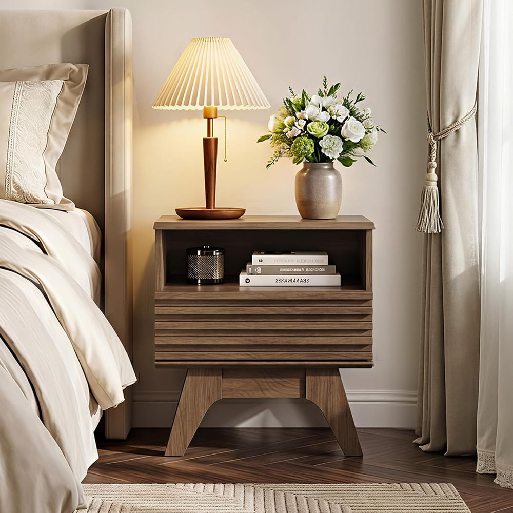 AODK 19 Inch Wide Fluted Nightstand Set of 2 with Drawer, Dark Walnut | Open ...