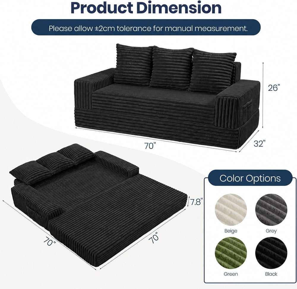 2-in-1 Convertible Sofa Bed, 70" Boneless Couch