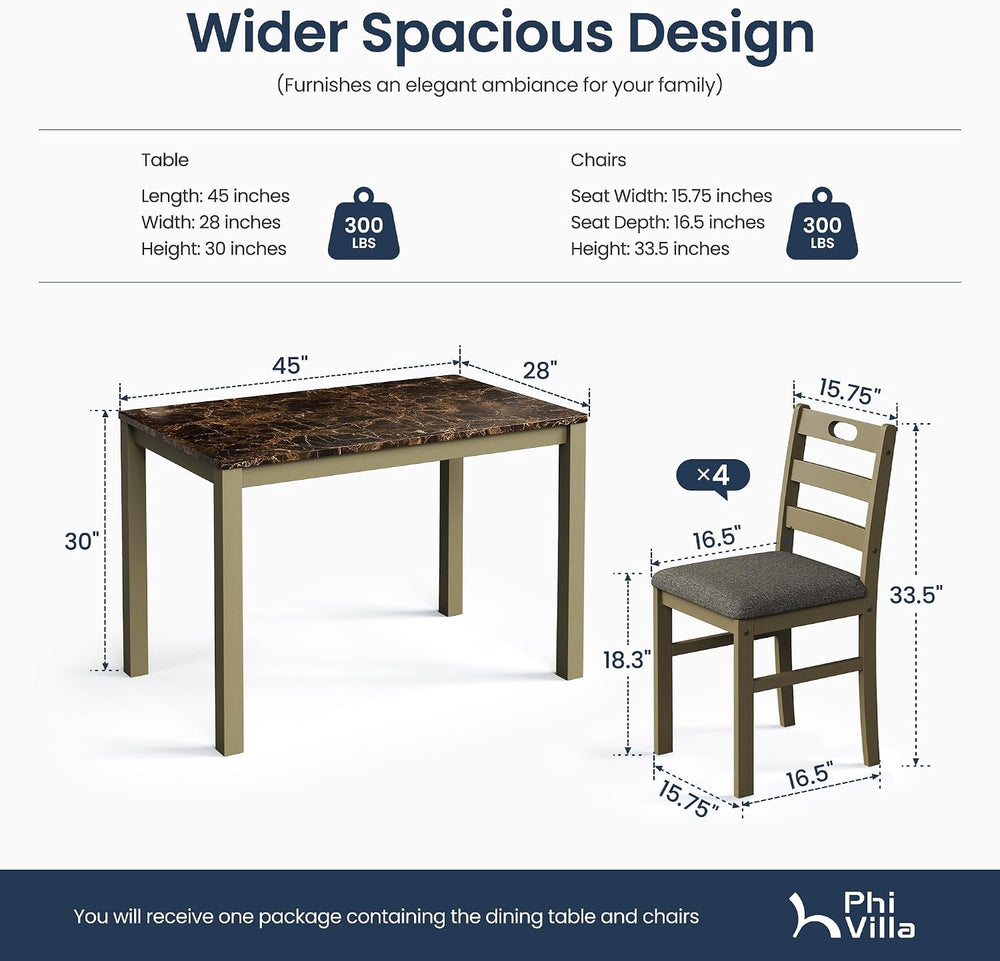 PHI VILLA Dining Table Set for 4, Marble Design Kitchen Table and Chairs