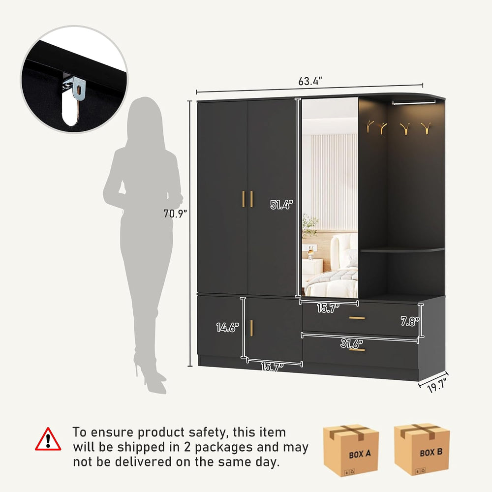 XVD Armoire Wardrobe Closet with Mirror & Sensor Light, Bedroom Armoire w...