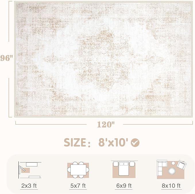 Area Rugs 8x10 Vintage Rug: Large Washable Living Room Rug Retro Medallion - Image 2