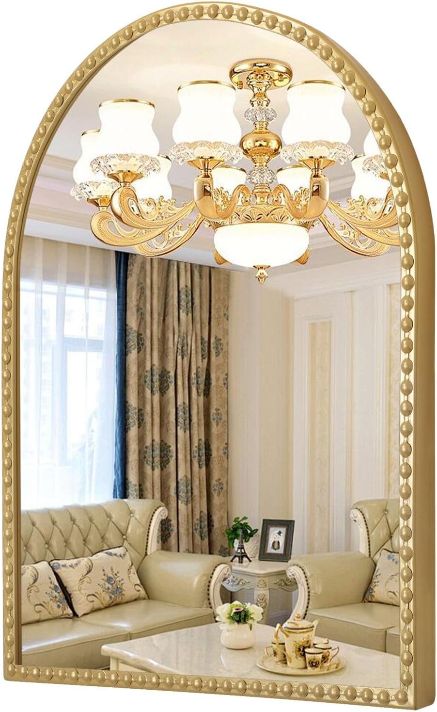 Large Gold Arch Mirror for Bathroom, Metal Beaded Frame 36"x24" Arc...