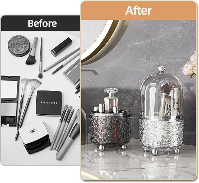 Makeup Brush Holder with Lid, 360° Rotating Cosmetic Tools Organizer with Cover - Image 6