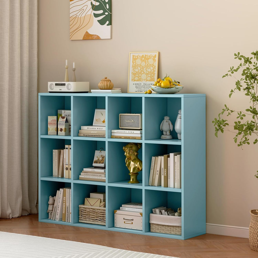 12-Cube Storage Shelf Bookcase - Wooden 3-Tier Floor Standing Open Bookshelf ...