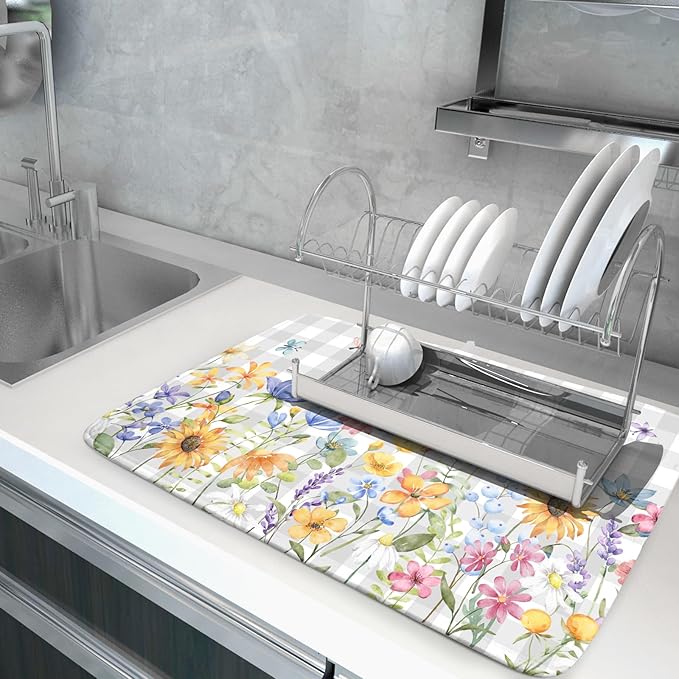 Giwawa Spring Floral Dish Drying Mat, Summer Flower Grey Buffalo Plaids Dish - Image 5