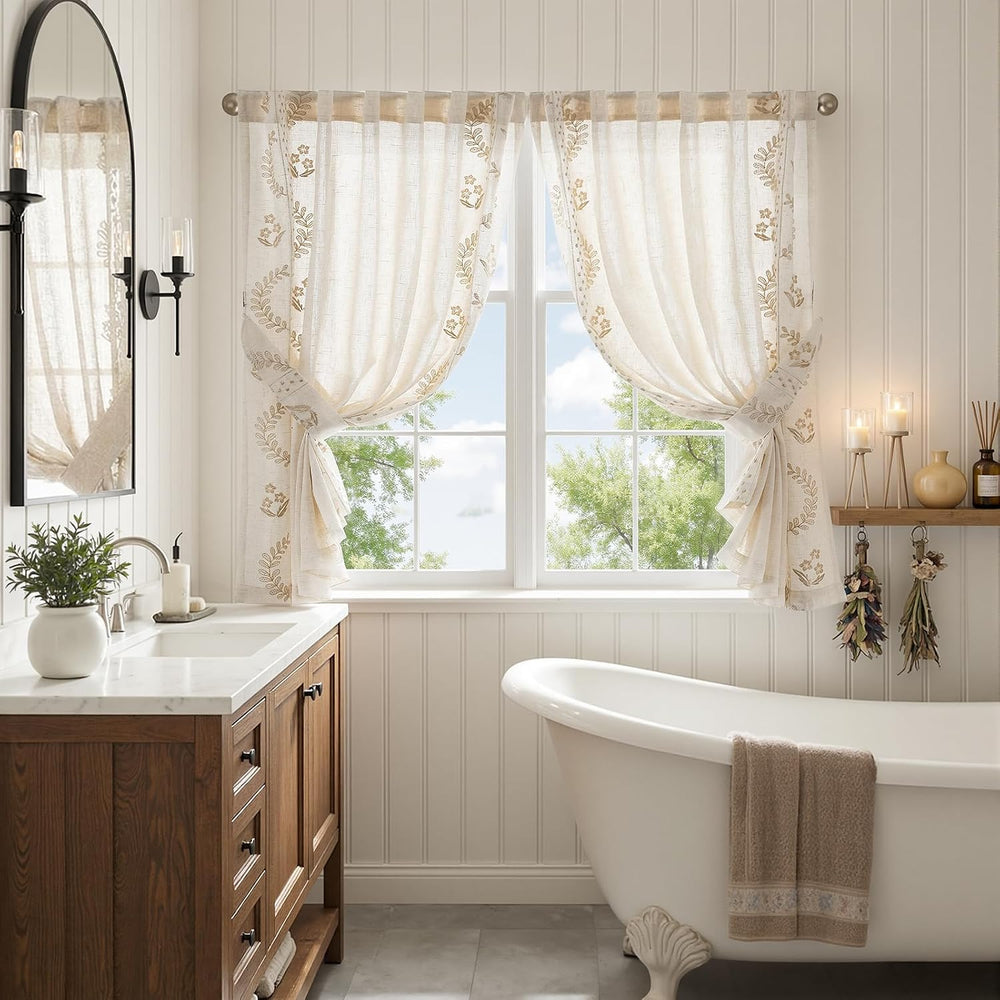 jinchan Beige Floral Linen Kitchen Tier Curtains 50x45 Inch 2 Panels