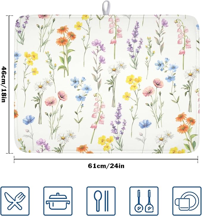 Spring Floral Dish Drying Mat for Kitchen Counter 18 x 24 Inch Colorful Flowers - Image 2