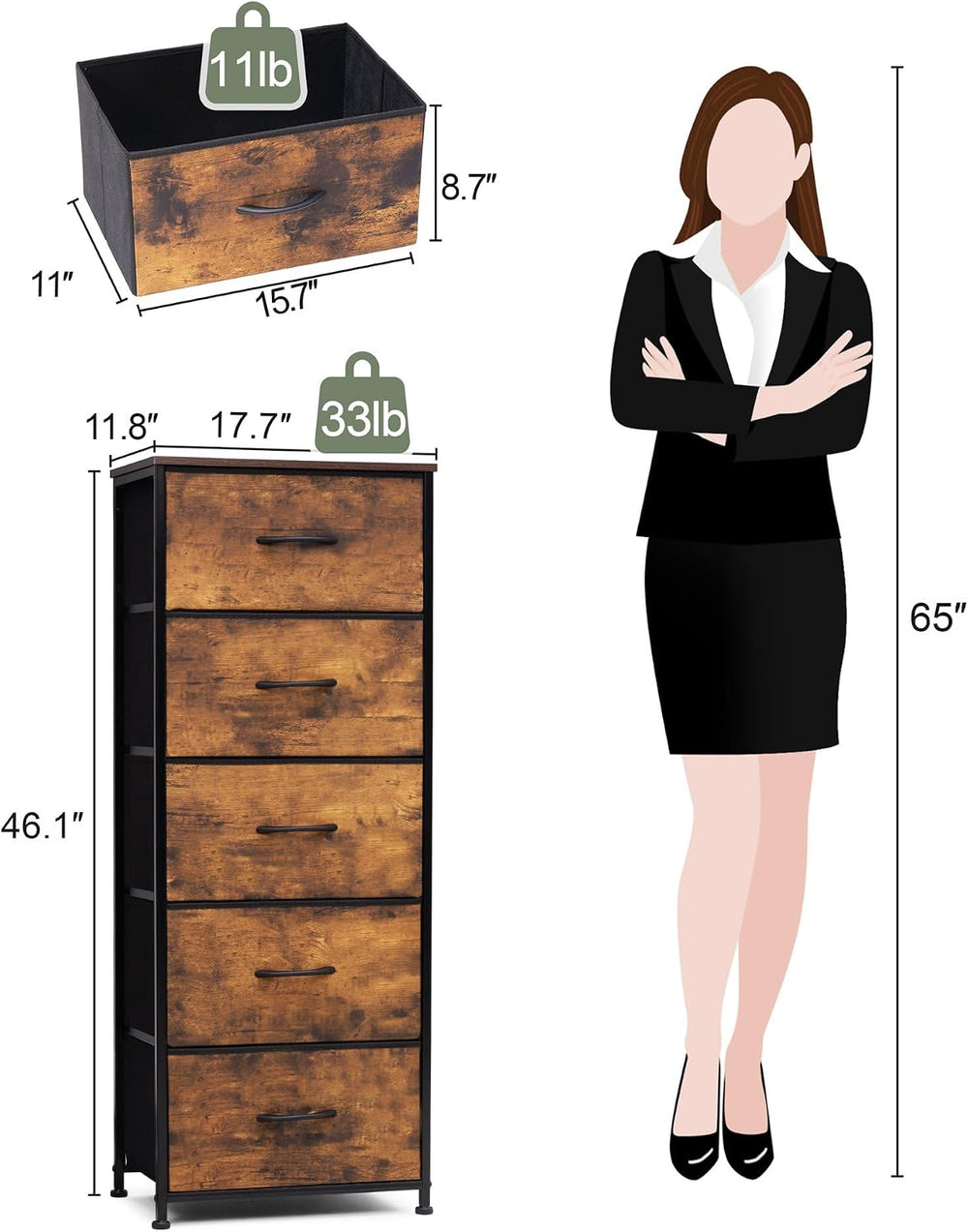 Tall Dresser Vertical Fabric Storage Tower, 5 Drawers (Rustic Brown)