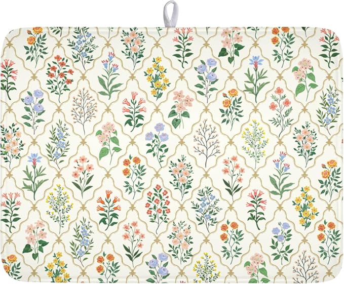 Floral Dish Drying Mat for Kitchen Counter Spring Summer Wild Flowers Diamond by Unknown