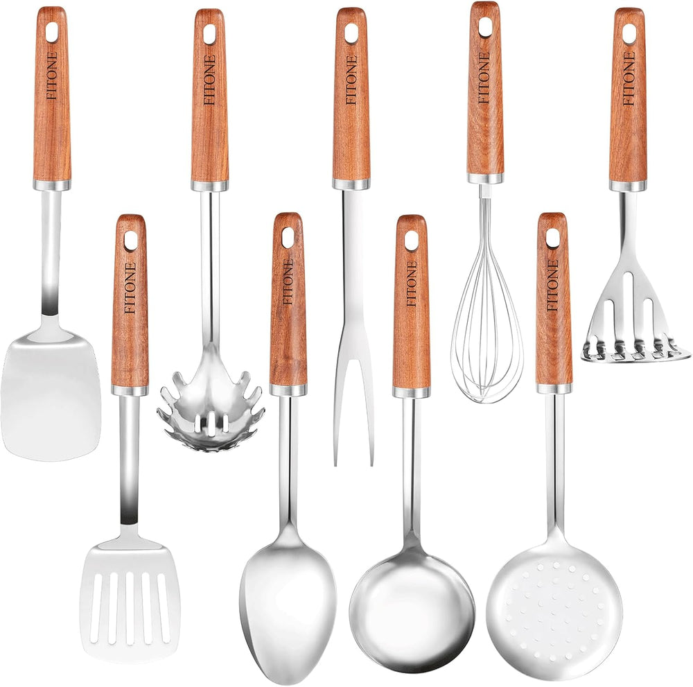 9PCS 18/8 Stainless Steel Kitchen Utensils Set, Heavy Duty Wooden Handle