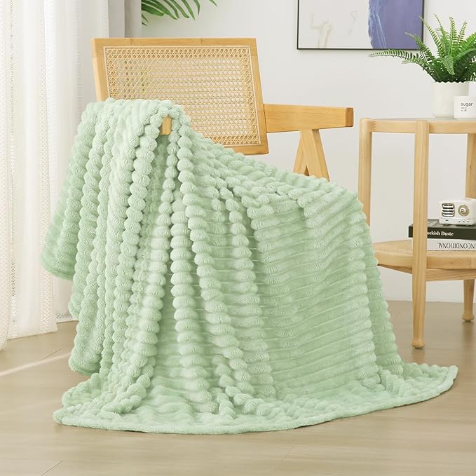 Cream Green Fleece Throw Blanket 60”×80” by linecooo