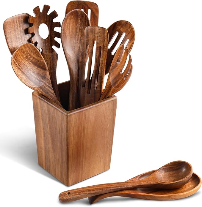 Wooden Spoons for Cooking, Natural Acacia Wooden Kitchen Tools, Nonstick by NAYAHOSE
