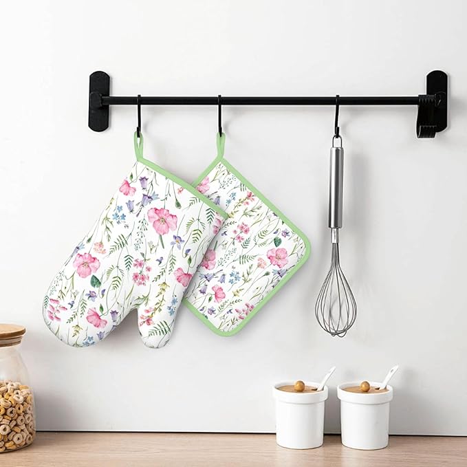 Pink Floral Silicone Oven Mitts Pan Mats Set of 2, Heat Resistant Gloves - Image 6