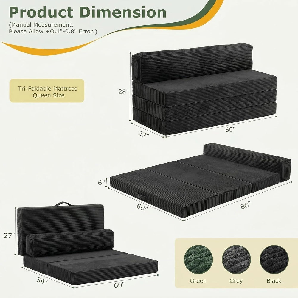 6 inch Tri-Folding Mattress Queen Futon Sofa Bed, Convertible Foldable Mattre...