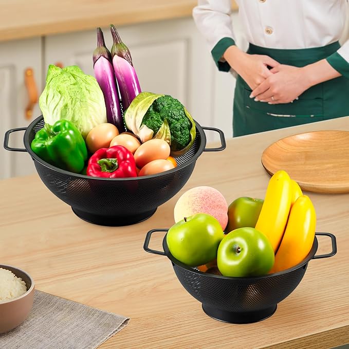 2PCS Black Colander for Kitchen, 3QT and 5QT, Stainless Steel Pasta Strainer - Image 6