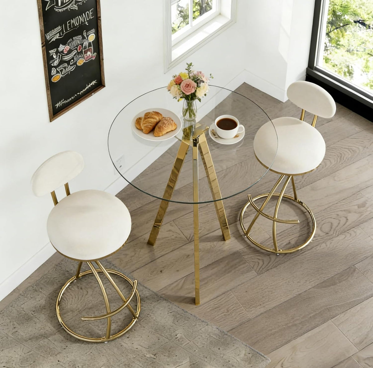 3 Piece Pub Dining Set, Modern Round Bar Table and Chairs for 2, 28" Counter Height Barstools and Glass Kitchen Table Set, 31" Small Dining Table with 2 Velvet Stools