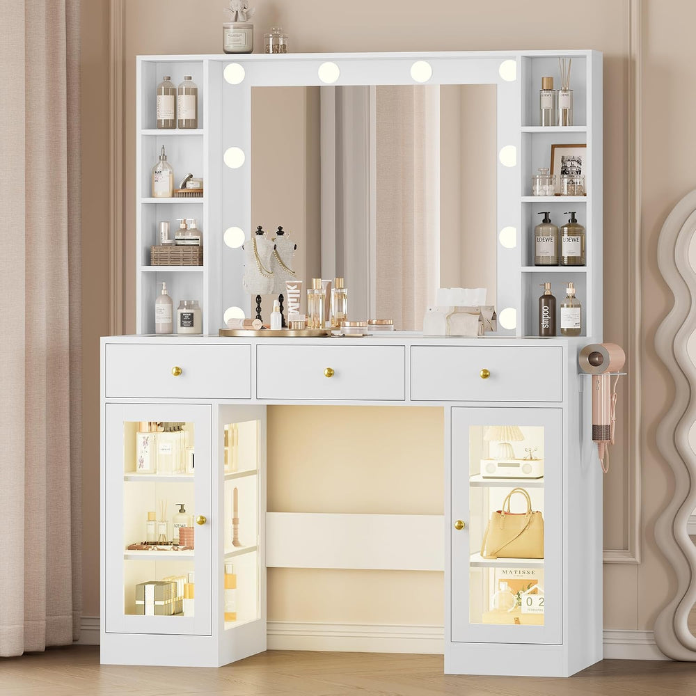 Wodeer Makeup Vanity Desk with Mirror and Lights, White Vanity with Glass Top...