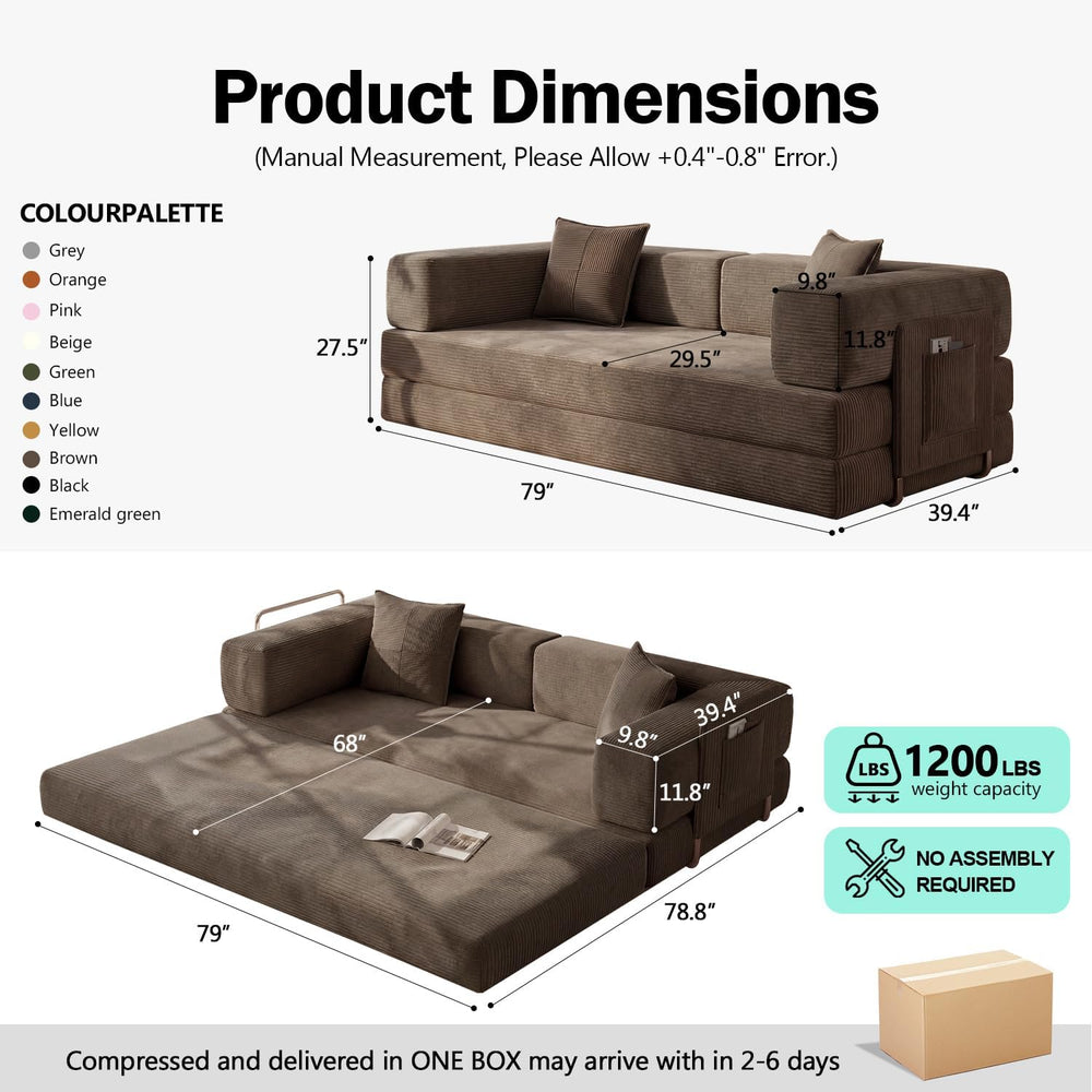79" Convertible Futon Sofa Bed, Boneless Couch for Living Room