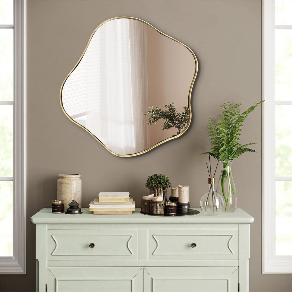 Scalloped Irregular Mirror, 24" Art Deco Wall Mirror with Gold Metal Fra...