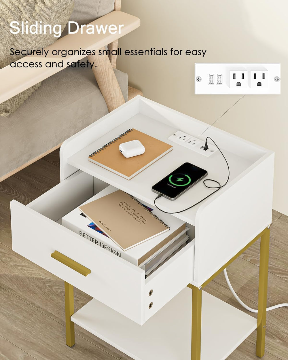 Masupu Nightstand with Charging Station,3-Tier Modern Bedside Night Stand wit...
