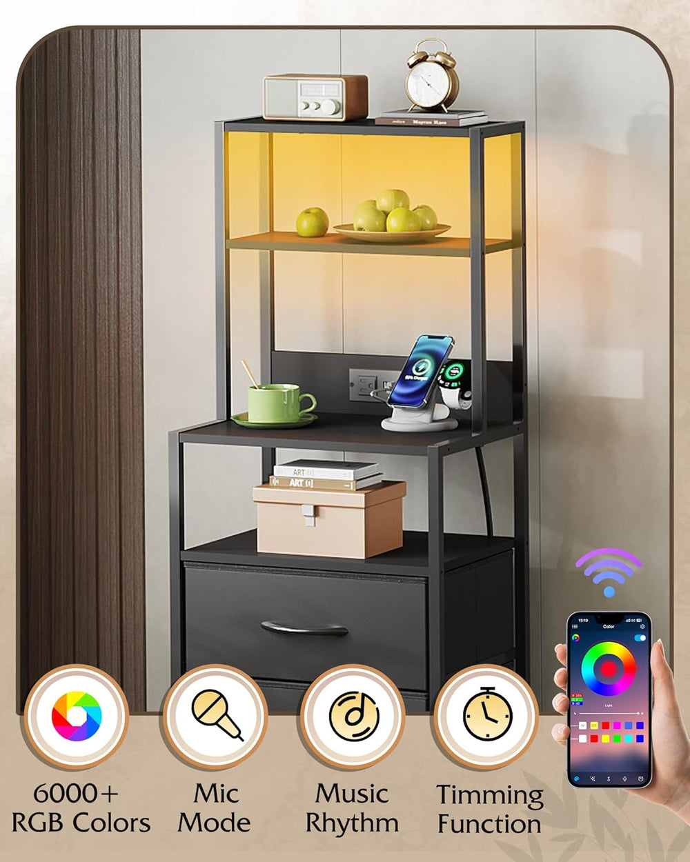 WLIVE Tall Nightstand with Charging Station, LED Night Stand with 3 Fabric Dr...