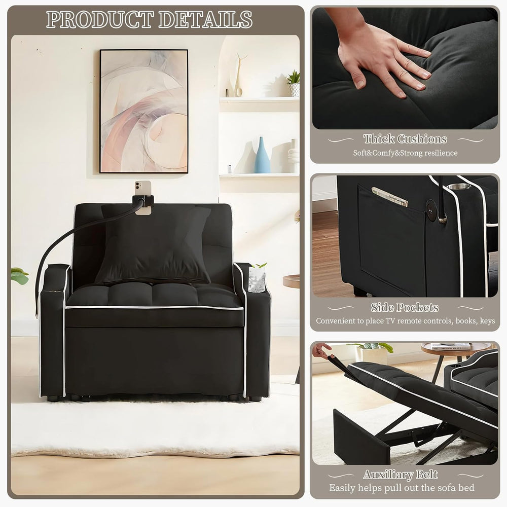 JEEOHEY Convertible Single Sleeper Velvet Futon Sleeper Sofa Bed with Phone H...