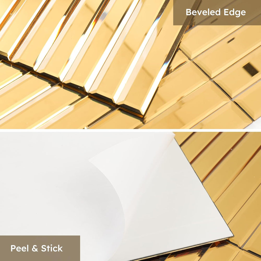 Diflart Peel and Stick Mirror Backsplash Tile, Gold, 11.8 x 11.8 Inch, Bevele...
