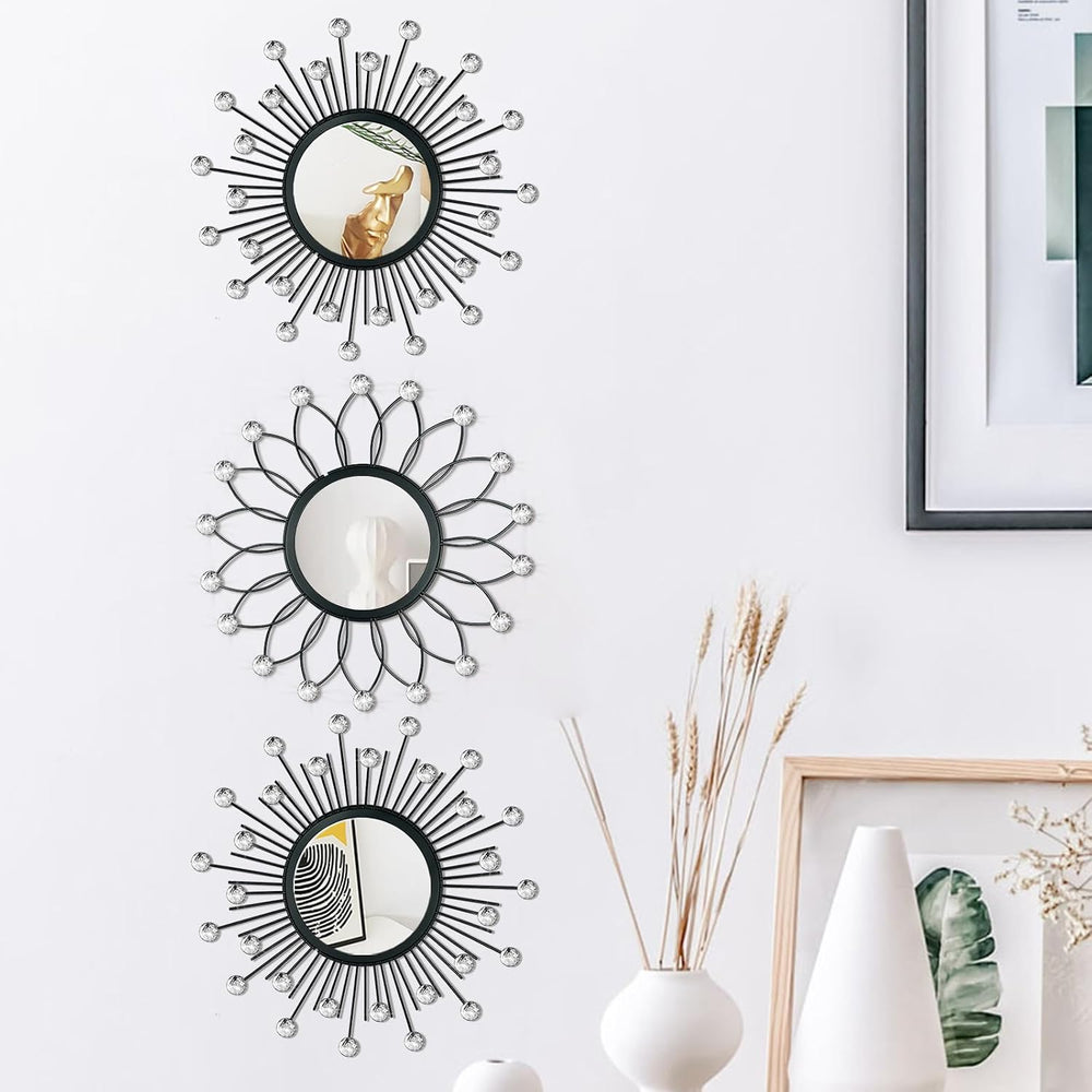 3 Pack Metal Mirror for Wall Sunburst Wall Mirror Black Crystal Home Accent