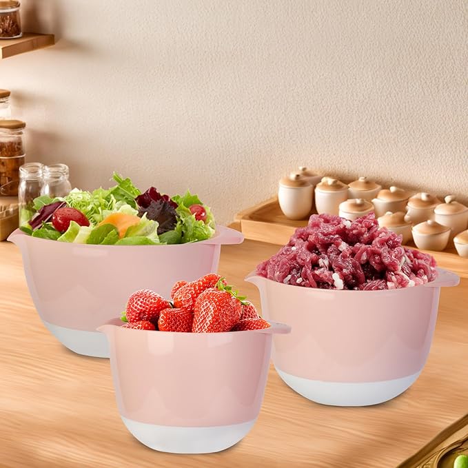 3 Mixing Bowls Set with Lids, Pour Spout and TPR Bottom, Plastic Nesting Bowl - Image 5