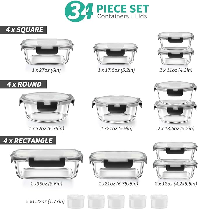 34pcs Glass Food Storage Containers