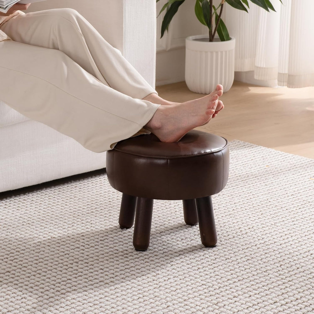 Small 13" Foot Stool Ottoman, Round Pouf Foot Rest, Faux Leather Footsto...