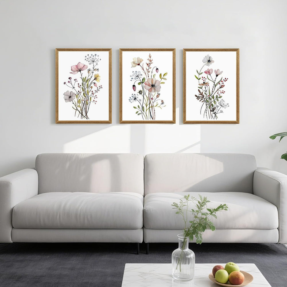 WRFON Framed Botanical Canvas Wall Art Set of 3, Watercolor Floral Prints, Fr...