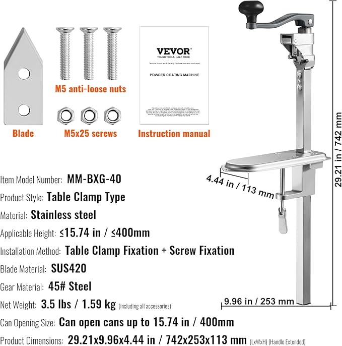VEVOR Commercial Can Opener, 23.2"/59cm Long, Stainless Steel Manual Table Can - Image 8