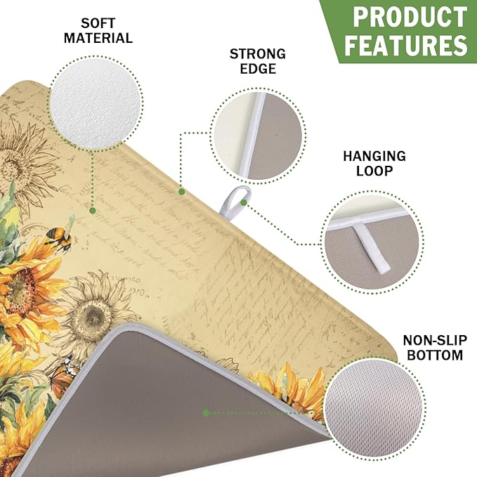 Sunflower Dish Drying Mat for Kitchen Counter Vintage Yellow Sunflowers - Image 3