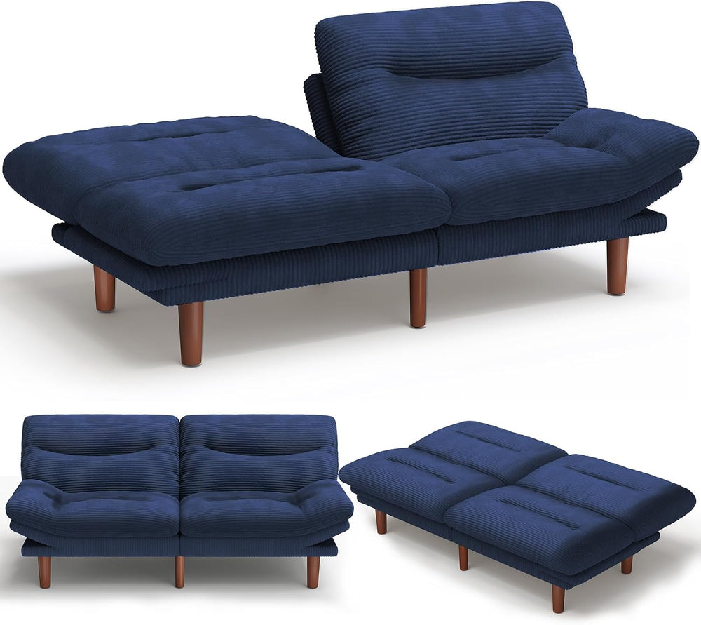Amada 66 inch Convertible Corduroy Futon Sofa Bed, Blue