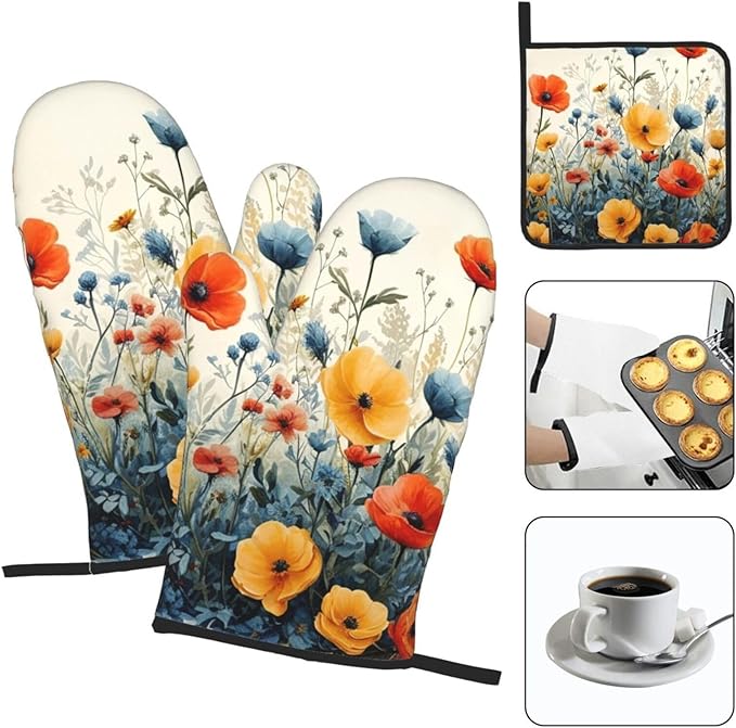 Colorful Wildflower Oven Mitts and Pot Holders Set of 3, Heat Resistant Non - Image 3