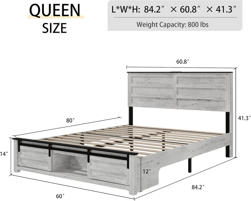 Wooden Queen Bed Frame with Headboard, Farmhouse Storage, Barn Door