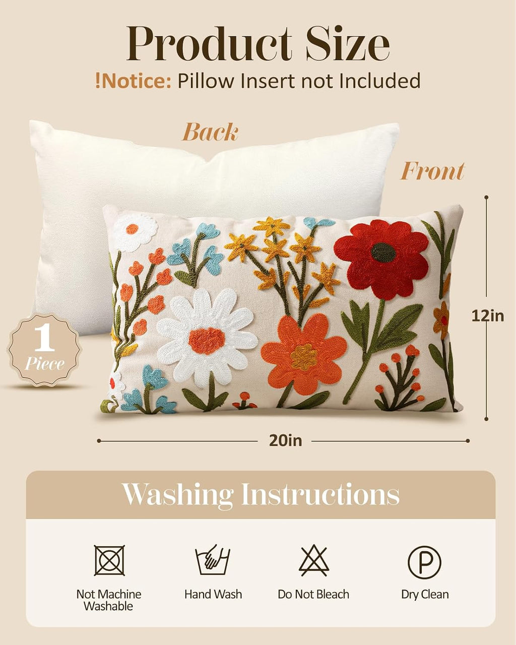 Embroidered Lumbar Pillow Cover 20x12 Inch, Flower Cluster | Decorative Throw Pillow Cover, Floral Farmhouse Cushion Case with Hidden Zipper, Home Decor for Couch, Sofa, Living Room