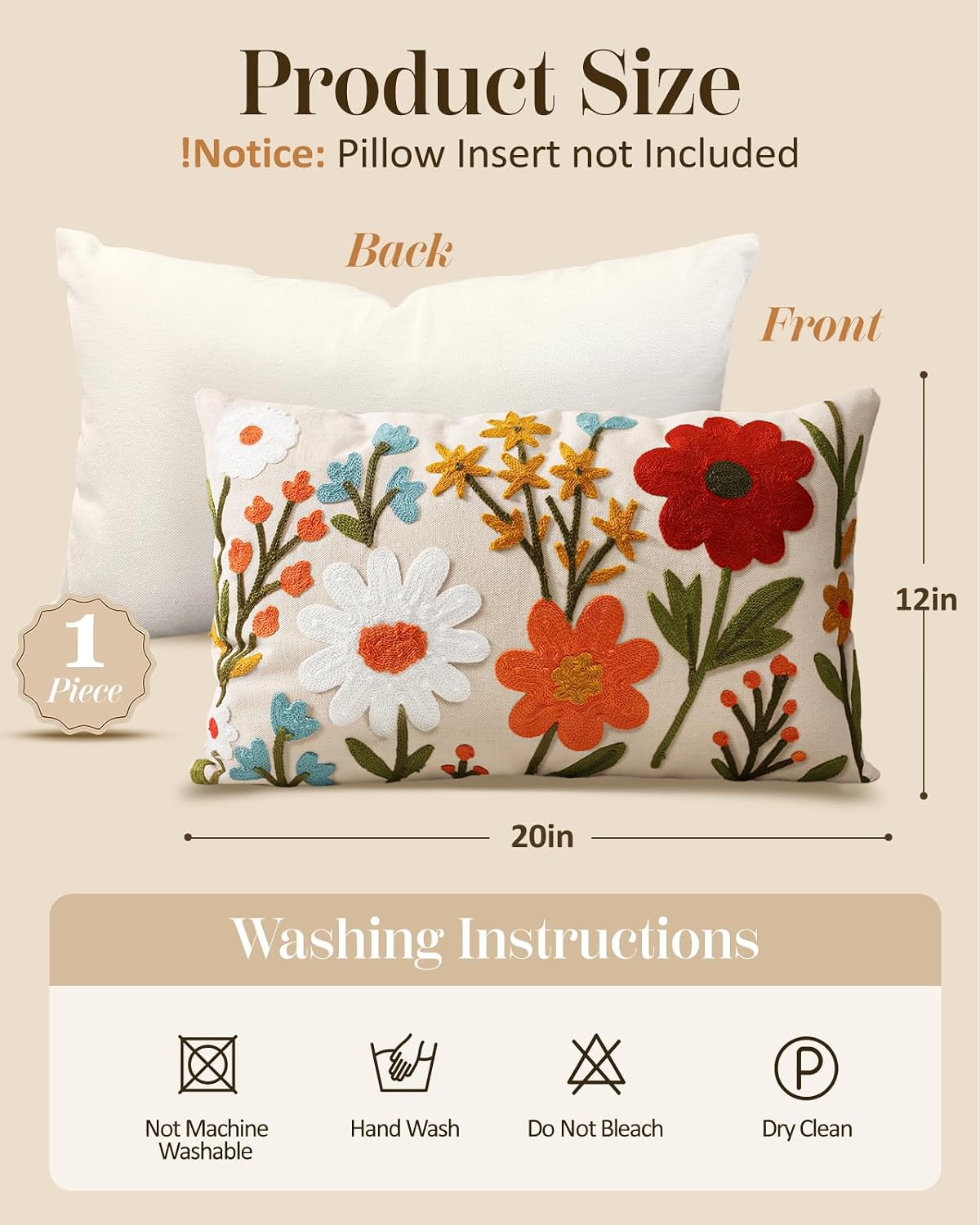 Embroidered Lumbar Pillow Cover 20x12 Inch, Flower Cluster | Decorative Throw Pillow Cover, Floral Farmhouse Cushion Case with Hidden Zipper, Home Decor for Couch, Sofa, Living Room