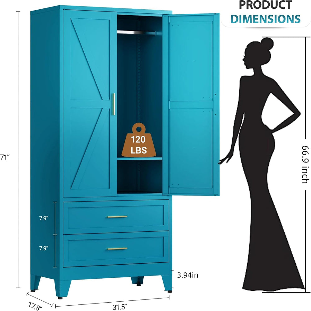 71" Metal Wardrobe Closet Clothing Storage Cabinet with 2 Drawers