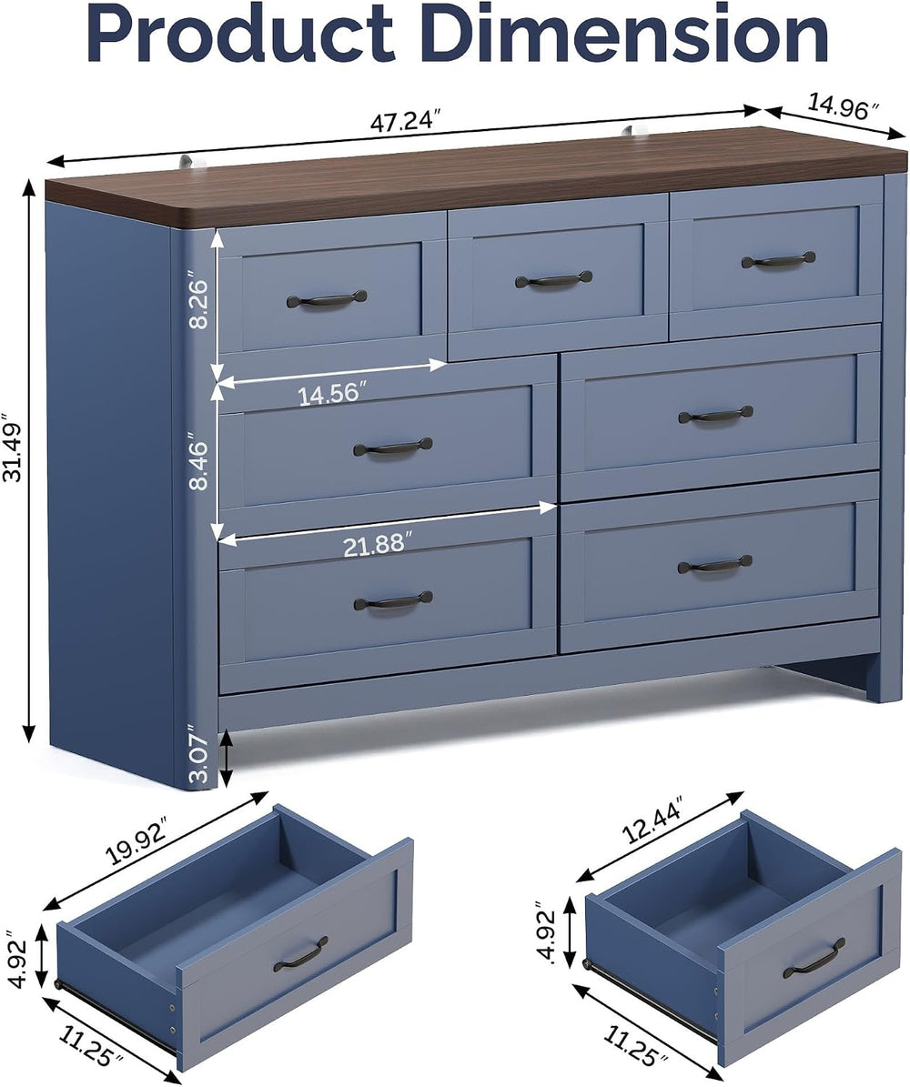 Farmhouse 7 Drawer Dresser for Bedroom, 47" Wide Modern Chest of Drawers