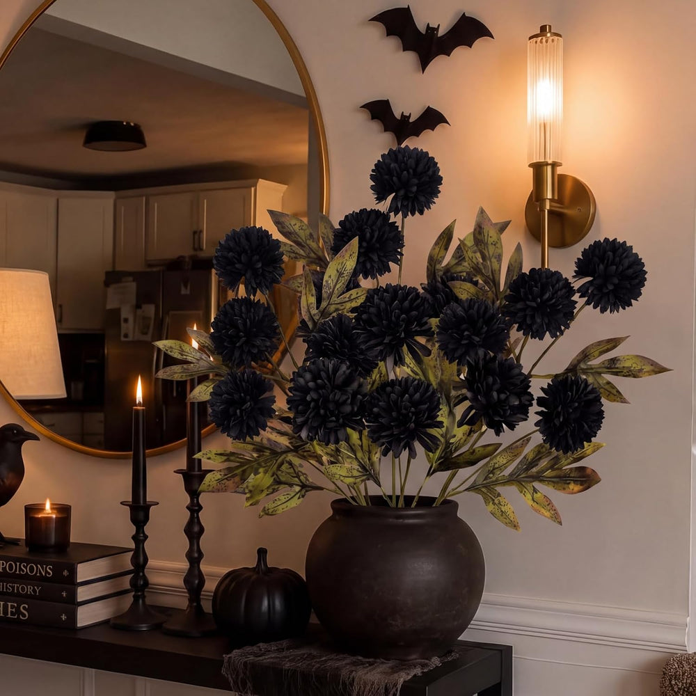 Knitgrip 8 Pcs Faux Silk Pom Pom Mum Artificial Flowers, Black