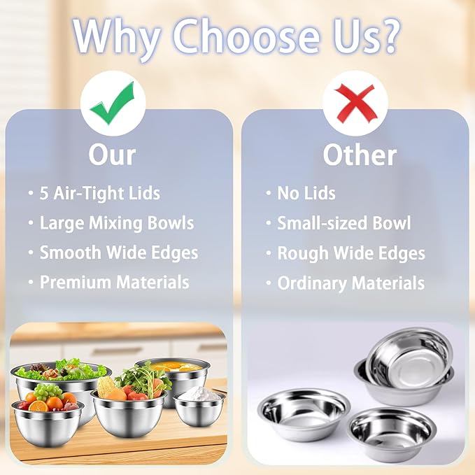 Mixing Bowls with Airtight Lids Set, Large Prep Metal Mixing Bowls - Image 6