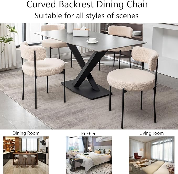 Boucle Dining Chairs Set of 6, Upholstered Dining Room Chairs with Black Meta...