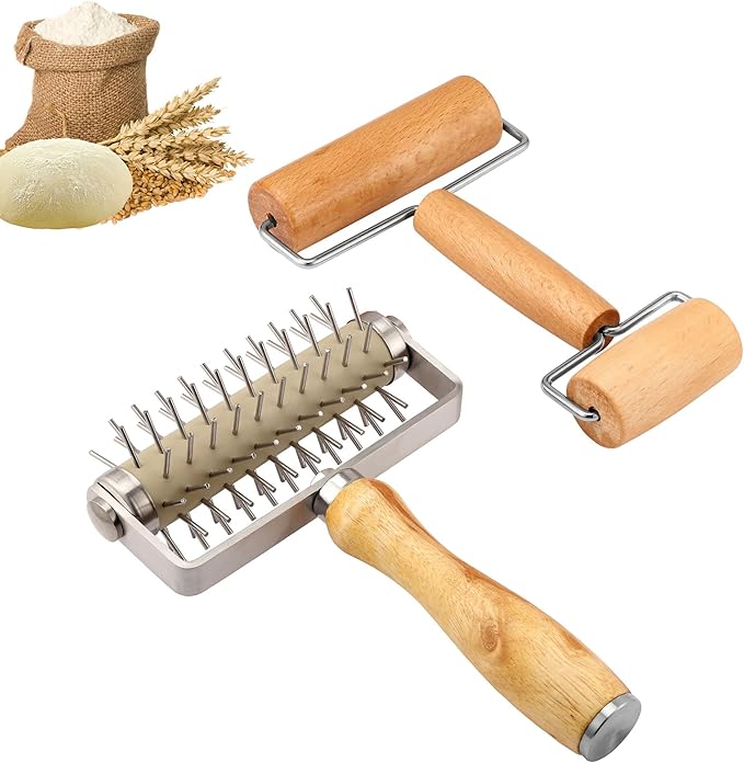 2Pcs Pizza Dough Roller & Dough Docker, Wood Rolling Pin Stainless Steel Dough by WarmHut