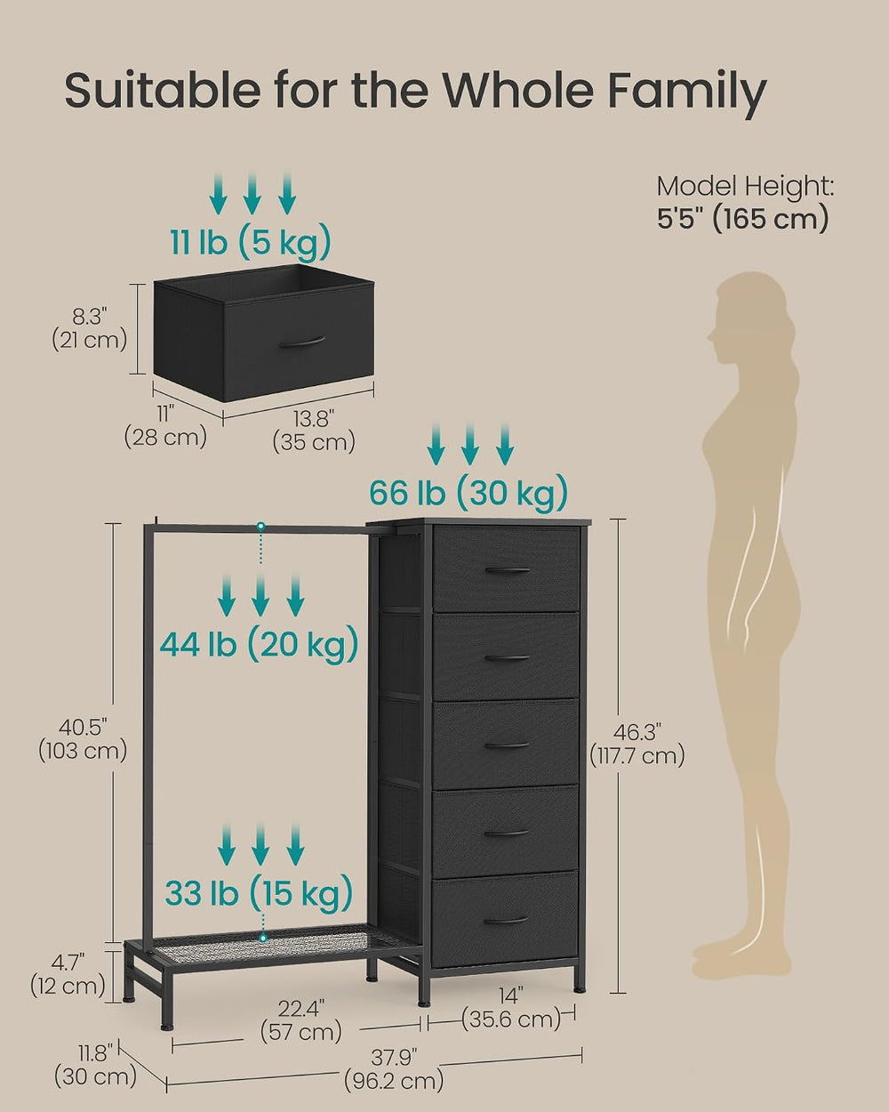 SONGMICS Dresser with Hanging Rod, 5 Fabric Drawers, Bottom Shelf