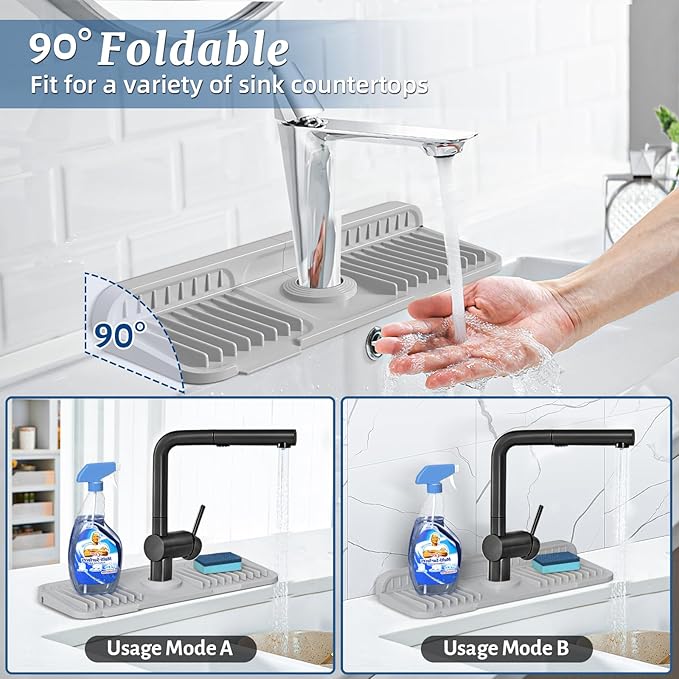 PoYang 14.6 inch Faucet Mat for Kitchen Sink Splash Guard, 7° Slope Silicone - Image 2